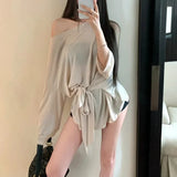 Anokhinaliza Vintage Strapless Loose Casual Long-sleeved T-shirt Women 2024 Autumn New High Street Lace-up Pleated Irregular Apricot Tops