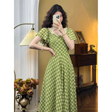 Anokhinaliza Summer Party Dress Women Vintage Elegant Slim Lace V-Neck Green Plaid Long Dress High Waist Birthday Evening Party Midi Dress