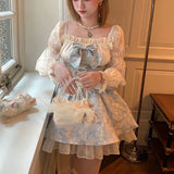 Anokhinaliza Lolita Princess Dress Women Party Y2k Bandage Blue Cosplay Costumes Japanese Puff Sleeve Ribbon Square Neck Bowknot Mini Dress