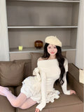 Anokhinaliza Winter Kawaii Sweet 2 Piece Set Woman Off Shoulder Bow Knitted Tops + Mini Cake Skirt Female Korean Fashion Casual Suit 2024 New