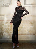 Anokhinaliza Elegant Chic Hollow Out Solid Black Lace Dresses for Women 2024 Long Sleeve High Waist Bodycon See-through Evening Party Dress