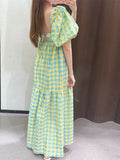 Anokhinaliza Korean style Summer Plaid Print Ruffle Square Neck Checked Dress Short Sleeve Tie Up Strap Gingham Midi Dress Women