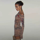 Anokhinaliza Sexy Off Shoulder Long Sleeve Bodycon Dress Y2k 2000s Aesthetic Striped Print Nude Mesh Sheer Short Dresses