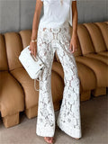 Anokhinaliza White Printed High Waist Straight Legg Women Patchwork Hollow Out Fashion See-Through Lace Women's Pants Summer Clothes