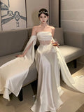 Anokhinaliza French Romantic White Wedding Dress Elegant Hollow Out Backless Evening Party Dresses Women Summer Off Shoulder Robe Mujers