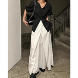 Anokhinaliza Korean Retro Pleated Loose Casual A-line Skirt Women Summer New High Waist Solid Color All Match Mid-length Skirt