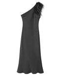 Anokhinaliza One Shoulder Feather Dress Black Sexy Fur Collar Party Socialite Evening Robes Women Slimming Wrap Hip Fishtail Long Dresses