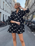 Anokhinaliza Black Polk Dot Mini Dresses Women Chic Fashion Lapel Collar Puff Sleeve A-line Vestidos 2024 New Spring Streetwear Casual Dress