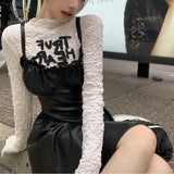 Anokhinaliza 2024 Spring New Streetwear Sexy Slim Leather Sling Dress Women + Letter Print Pleated Casual Long Sleeve T-Shirt Two-Piece Suit