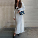 Anokhinaliza Autumn New V-Neck Knit Maxi Dress Women Ribbed Elegant Long Sleeve Streetwear High Waist Pleated Dresses Ladies Knitwear 2024