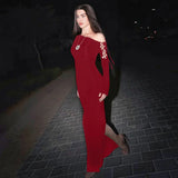 Anokhinaliza Autumn Winter Maxi Dress for Women Elegant Off The Shoulder Slim Evening Party Dresses Red Bandage Christmas Outfits