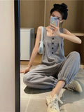 Anokhinaliza Summer New Jumpsuit Korean Version Loose Fitting and Age Reducing Thousand Bird Checkered Suspender Leg Tie Jumpsuit Set