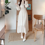 Anokhinaliza Korean Floral Print Midi Dresses for Women Summer New Pleated Slim Waist V-neck Long Sleeves Chiffon Sweet Female Clothing