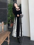 Anokhinaliza Vintage Knitted Patchwork Floral Dress Irregular Design Sense Hepburn Wind Sweet Fashion Slim Summer New Black Long Dresses