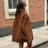 Anokhinaliza Casual Brown Lapel Pocket Suede Leather Jacket Fashion Woman Single Button Long Sleeve Crop Coat Lady Autumn Street Outwear