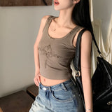 Anokhinaliza American Retro Printed Rivets Casual Camisole Women High Street Sexy Slim All Match Crop Tops