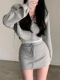 Anokhinaliza Korean Chic 2 Piece Set Women Hooded Zip-up Long Sleeve Cropped Coat + Drawstring Mini Skirt Autumn Spring Fashion Solid Outfits