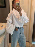 Anokhinaliza Ruffle Loose Women Shirts 2024 Cotton Long Sleeve Elegant White Tshirt Ladies Street Casual Holiday Baggy Cover Up Female