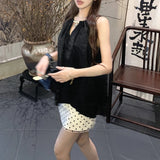 Anokhinaliza Summer New Korean Backless Pleated Loose Casual Camisole Women + Sexy Slim Polka Dot A-line Skirt Two-piece Suit