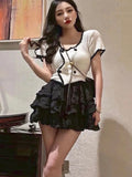 Anokhinaliza Summer France Elegant Two Piece Set Women Korean Vintage Party Mini Skirt Set Female Casual Knit Tops + Fashion Skirt