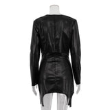 Anokhinaliza Black Leather Skirt Set Women Long Sleeve Top and Mini Skirt Matching Sets Fashion Irregular Club Party Two Piece Set