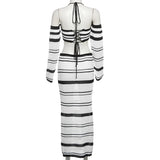 Anokhinaliza Sexy Striped Off-the-shoulder Halter Long Sleeve Knitted Hollow-out Skirt Suit Striped Knotted Backless Streetwear