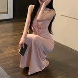 Anokhinaliza Korean Solid Color Elegant Sleeveless Party Dress Women 2024 Summer New V-neck Pleated Sexy Slim Mid-length Dress