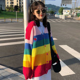 Anokhinaliza Autumn Spring Harajuku Knit Cardigan Women Striped Rainbow Sweater Coat Female Loose Sweaters Letter Embroidery Jumper Cardigans