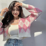 Anokhinaliza Lingge Printed Soft Warm 2 Pieces Cardigan With Tank Autumn Winter Vintage V Neck Pink Sweater Coat Korean Cardigans