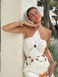 Anokhinaliza Hollowed-Out Hook Flower Beach Dresses Sexy White Knitted Backless Halter Hanging Neck Petaling Strapless Women Short Slip Dress