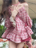 Anokhinaliza Sweet Pink Print Tops Women Japanese Kawaii Lolita Wide Leg Short Sets Female Summer Off Shoulder Lace Up Blouse Two Piece Set