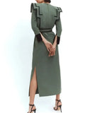 Anokhinaliza Women Elegant Slim Green Lace Up Spliced Midi Dress Chic Square Neck Long Sleeves Slit Vestidos 2024 Chic Female High Streetwear