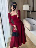 Anokhinaliza Women Casual Folds Midi Dress French Elegant Long Sleeve A Line Party Dresses Spring Autumn Vintage Solid Clothes Female