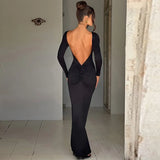 Anokhinaliza Sexy Black Open Back Party Elegant And Pretty Women‘s Dresses Long Sleeve Bodycon Maxi Dress Evening Gown