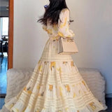 Anokhinaliza New Style Platycodon Grandiflorum French Tea Break Long Skirt Quality Yellow Printed Sleeve Dress for Women