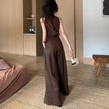 Anokhinaliza Summer New Polo Collar Single-breasted Solid Color Tank Tops Women + High Waist Loose Casual Wide Leg Pants Two-piece Suit