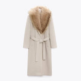 Anokhinaliza Fashion Plush Turndown Collar Women's Coat Elegant Retro Solid Color Long Coats with Belt Women Winter Warm Windproof Overcoat