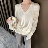 Anokhinaliza Vintage V-neck Solid Color All Match Long-sleeved T-shirt Women 2024 Autumn New High Street Loose Casual Asymmetric Tops