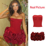 Anokhinaliza Women's Sleeveless 2 Piece Dress Set Mini Sexy Cropped Top and Skirt Set Red Strapless Corset Party Dresses