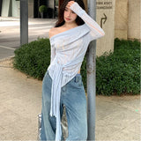 Anokhinaliza Skew Collar Strapless Hollow Sexy Long-sleeved Sweater Women 2024 Autumn New Streetwear Lace-up Casual Irregular Knitted Tops