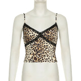 Anokhinaliza Leopard Print Camis Y2k Fashion Lace Patchwork Sleeveless Crop Tops Sexy Spaghetti Strap Backless Club Crop Tops