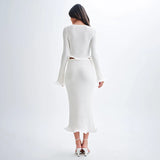 Anokhinaliza Elegant Knitted Skirt Suits For Women Fungus Cut Out Sexy Cardigan Top Long Slim Skirt Beach Holiday Lady Two Piece Set