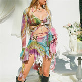 Anokhinaliza Flare Sleeve Butterfly Print Mesh 3 Piece Skirt Set Y2k Fairy Grunge Matching Sets Chic Rave Festival Outfits