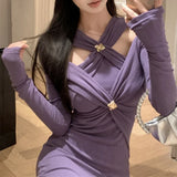 Anokhinaliza Vintage Hollow Strapless Pleated Sexy Long-sleeved Dress Women 2024 Spring New Korean Solid Color Elegant Mid-length Dress