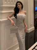 Anokhinaliza Sexy Sequined Bodycon Runway Party Dress Sleeveless Fur Feather Patchwork Robe Women Spring Summer Prom Club Clothes Mujers