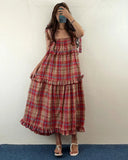 Anokhinaliza Plaid Long Dress Womens Slip Dress Summer French Syle Lolita High Waist Spaghetti Strap High Low Ruched Ruffle Dress rok