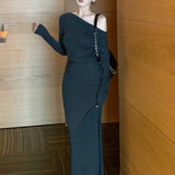 Anokhinaliza Vintage Strapless Pleated Casual Long-sleeved Dress Women 2024 Autumn New Streetwear Solid Color Elegant Mid-length Dress