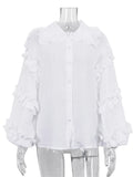 Anokhinaliza Ruffle Loose Women Shirts 2024 Cotton Long Sleeve Elegant White Tshirt Ladies Street Casual Holiday Baggy Cover Up Female