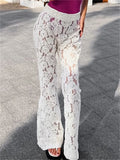 Anokhinaliza White Printed High Waist Straight Legg Women Patchwork Hollow Out Fashion See-Through Lace Women's Pants Summer Clothes