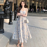 Anokhinaliza Summer Print Elegant Beach Dress New Women Vintage Pearl Beading Sweet Midi Dress Female Princess Fairy Strap Evening Dress